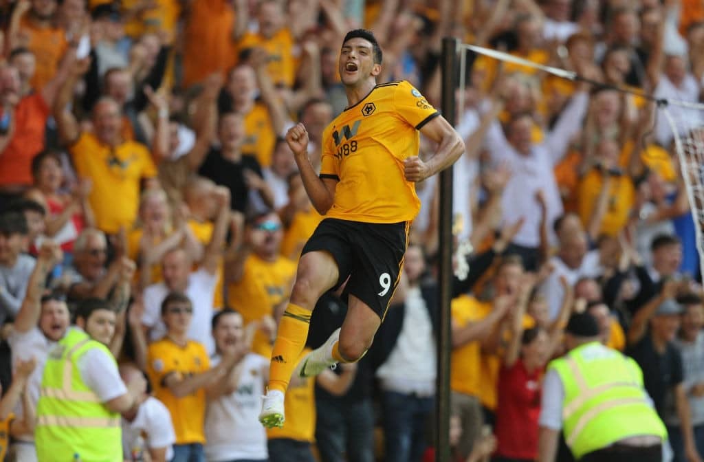 WOLVERHAMPTON, ENGLAND - AUGUST 04: Raul Jimenez of Wolverhampton Wanderers celebrates after scoring their second goal during the pre-season friendly match between Wolverhampton Wanderers and Villareal at Molineux on August 4, 2018 in Wolverhampton, England. (Photo by David Rogers/Getty Images)