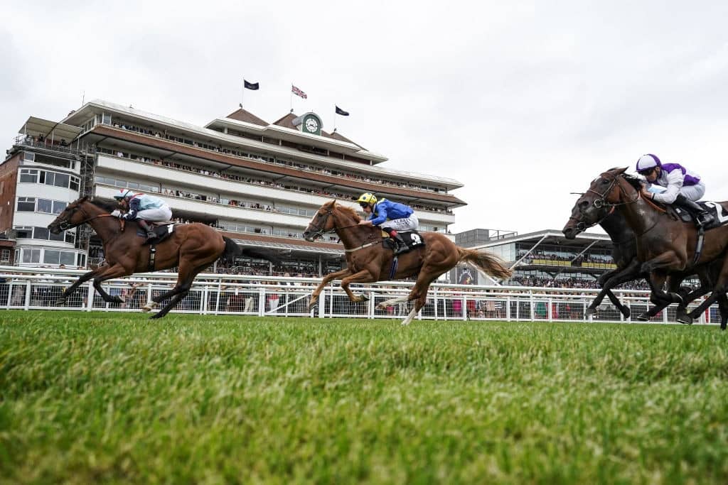 NEWBURY, ENGLAND - AUGUST 18: Gerald Mosse riding Sir Dancealot win The Ladyswood Stud Hungerford Stakes at Newbury Racecourse on August 18, 2018 in Newbury, United Kingdom. (Photo by Alan Crowhurst/Getty Images)