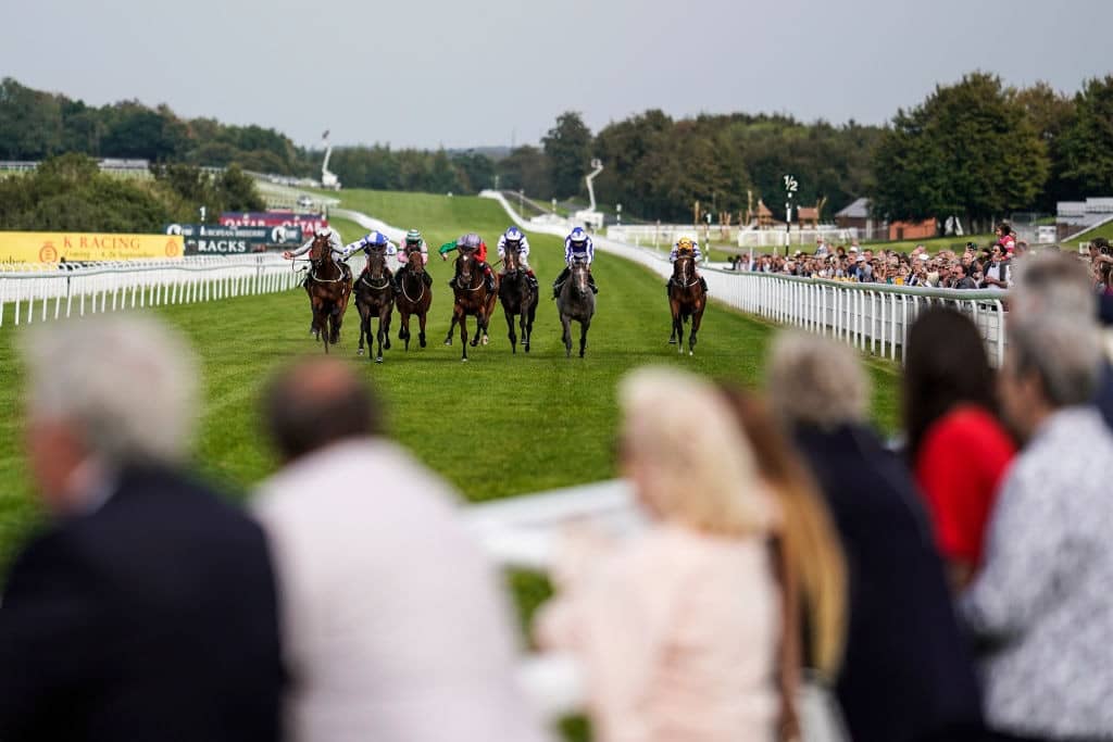 CHICHESTER, ENGLAND - SEPTEMBER 04: Andrew Mullen riding Princess Power (2L, blue/white) win The Racegoers Club 50th Anniversary Fillies' Nursery Stakes at Goodwood Racecourse on September 4, 2018 in Chichester, United Kingdom. (Photo by Alan Crowhurst/Getty Images)