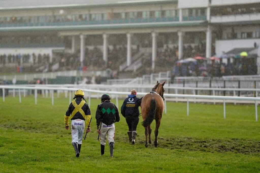 CHEPSTOW, WALES - NOVEMBER 07: Jockeys and a horse make their return after falling at Chepstow Racecourse on November 07, 2018 in Chepstow, Wales. (Photo by Alan Crowhurst/Getty Images)