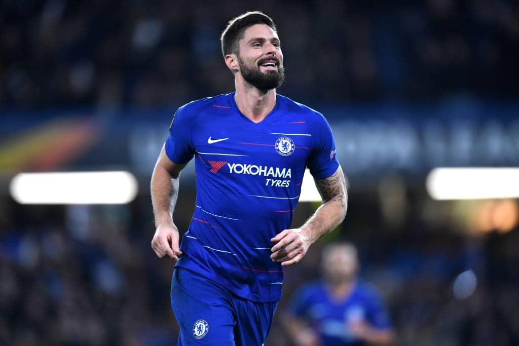LONDON, ENGLAND - NOVEMBER 29: Olivier Giroud of Chelsea celebrates after scoring his team's first goal during the UEFA Europa League Group L match between Chelsea and PAOK at Stamford Bridge on November 29, 2018 in London, United Kingdom. (Photo by Michael Regan/Getty Images)