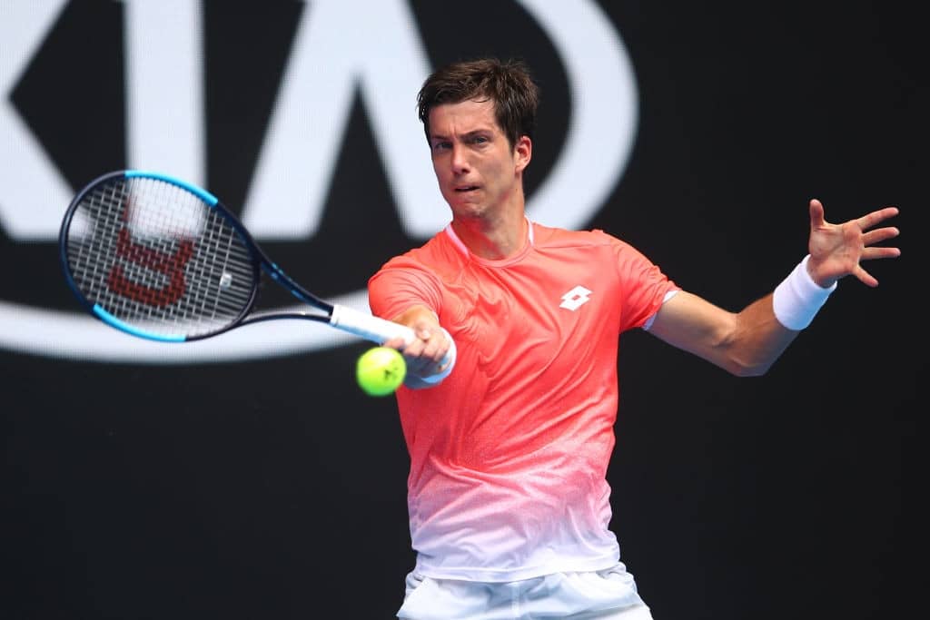 MELBOURNE, AUSTRALIA - JANUARY 15: Aljaz Bedene of Slovenia plays a forehand in his first round match against Alexander Zverev of Germany during day two of the 2019 Australian Open at Melbourne Park on January 15, 2019 in Melbourne, Australia. (Photo by Julian Finney/Getty Images)