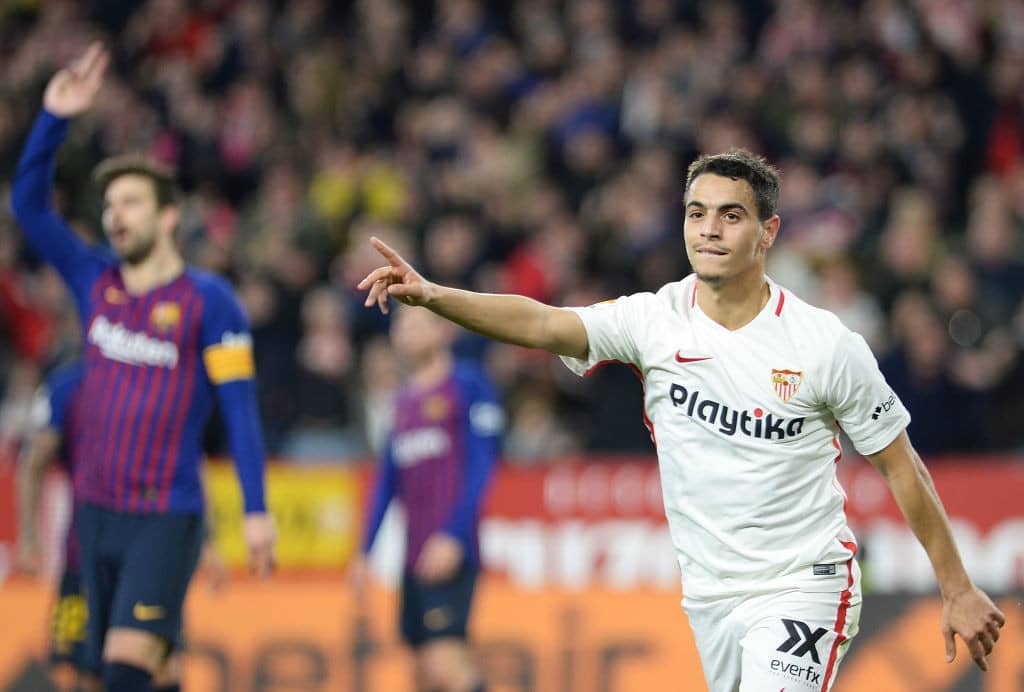 Sevilla's French forward Wissam Ben Yedder celebrates after scoring his team's second goal during the Spanish Copa del Rey (King's Cup) quarter-final first leg football match between Sevilla FC and FC Barcelona at the Ramon Sanchez Pizjuan stadium in Seville on January 23, 2019. (Photo by CRISTINA QUICLER / AFP) (Photo credit should read CRISTINA QUICLER/AFP/Getty Images)