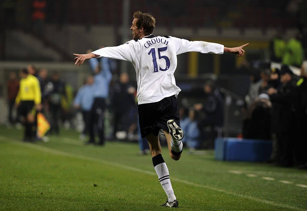 Tottenham Hotspurs' Peter Crouchcelebrates after scoring against AC Milan during their Champions League football match on February 15, 2011 at San Siro Stadium in Milan. Tottenham defeated AC Milan 1-0. AFP PHOTO / OLIVIER MORIN (Photo credit should read OLIVIER MORIN/AFP/Getty Images)