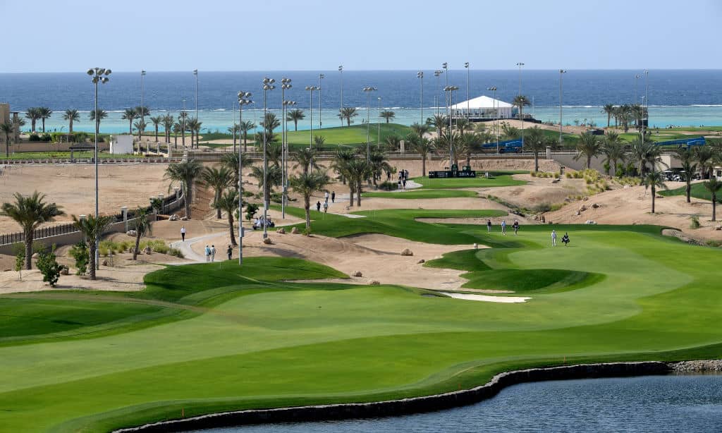 KING ABDULLAH ECONOMIC CITY, SAUDI ARABIA - FEBRUARY 02: A general view of the par five 18th hole during the third round of the Saudi International at the Royal Greens Golf & Country Club on February 02, 2019 in King Abdullah Economic City, Saudi Arabia. (Photo by Ross Kinnaird/Getty Images)