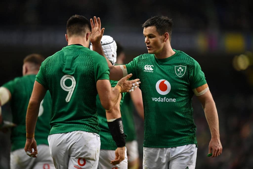 DUBLIN, IRELAND - FEBRUARY 02: Jonathan Sexton interacts with Conor Murray of Ireland during the Guiness Six Nations match between Ireland and England at the Aviva Stadium on February 02, 2019 in Dublin, Ireland. (Photo by Dan Mullan/Getty Images)
