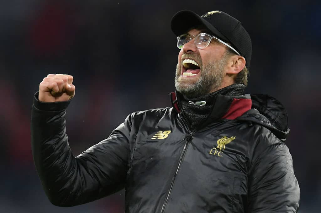 Liverpool's German manager Jurgen Klopp celebrates after the UEFA Champions League, last 16, second leg football match Bayern Munich v Liverpool in Munich, southern Germany, on March 13, 2019. (Photo by Christof STACHE / AFP) (Photo credit should read CHRISTOF STACHE/AFP/Getty Images)