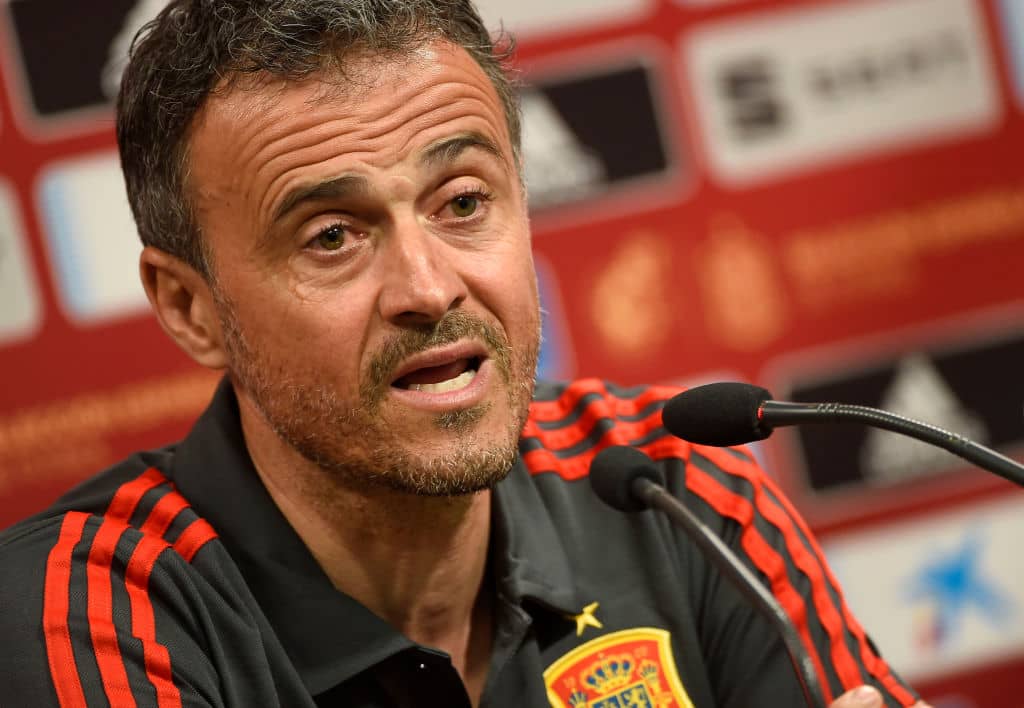 Spain's coach Luis Enrique holds a press conference at the Mestalla stadium in Valencia on March 22, 2019 on eve of the Euro 2020 qualifying match Spain vs Norway. (Photo by JOSE JORDAN / AFP) (Photo credit should read JOSE JORDAN/AFP/Getty Images)