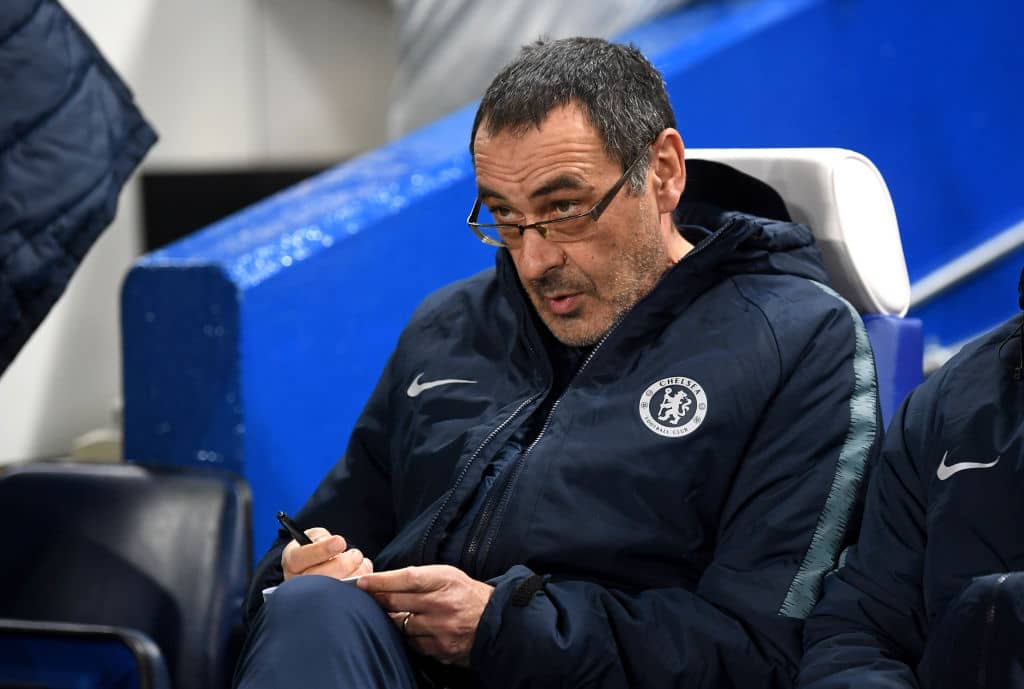 LONDON, ENGLAND - MARCH 07: Maurizio Sarri, Manager of Chelsea takes notes prior to the UEFA Europa League Round of 16 First Leg match between Chelsea and Dynamo Kyiv at Stamford Bridge on March 07, 2019 in London, England. (Photo by Michael Regan/Getty Images)