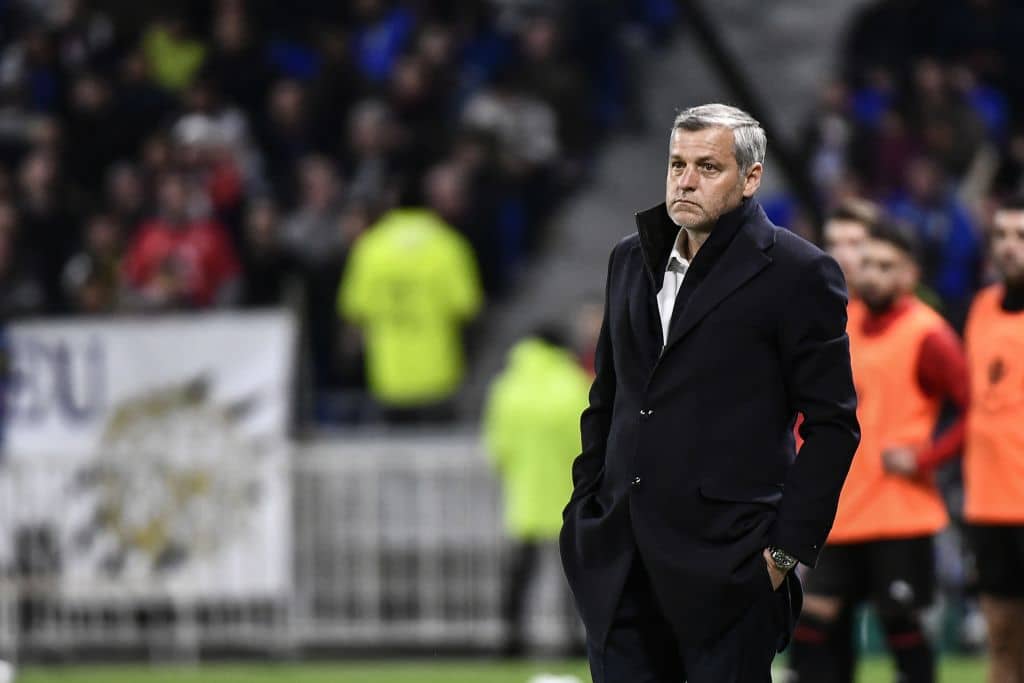 Lyon's French coach Bruno Genesio looks on at the end of the French Cup semi-final football match between Olympique Lyonnais (OL) and Stade Rennais FC (SRFC) at the Groupama Stadium in Decines-Charpieu, near Lyon, on April 2, 2019. (Photo by JEFF PACHOUD / AFP) (Photo credit should read JEFF PACHOUD/AFP/Getty Images)