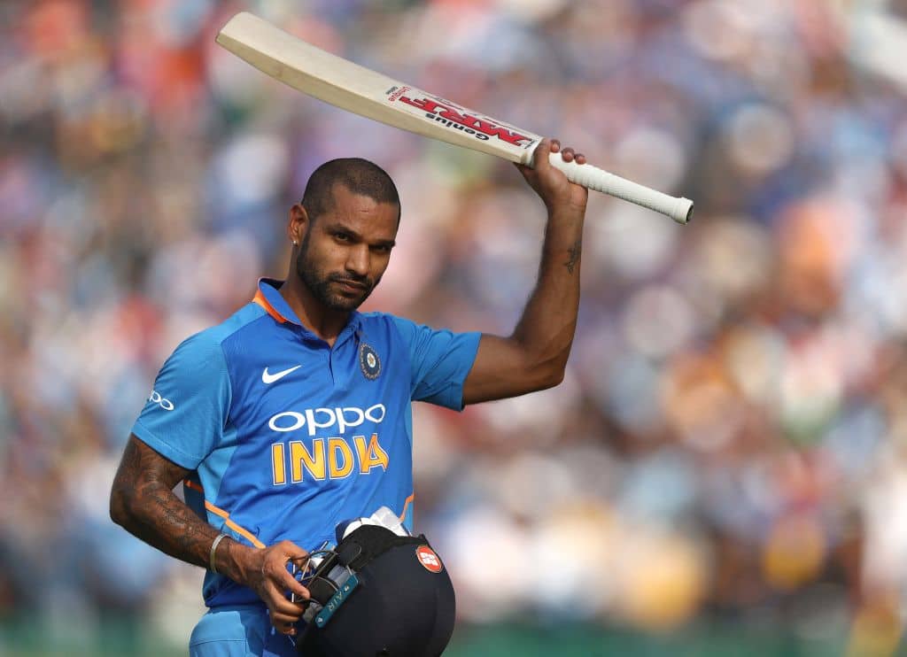 MOHALI, INDIA - MARCH 10: Shikhar Dhawan of India acknowledges the crowd after he was dismissed during game four of the One Day International series between India and Australia at Punjab Cricket Association Stadium on March 10, 2019 in Mohali, India. (Photo by Robert Cianflone/Getty Images)