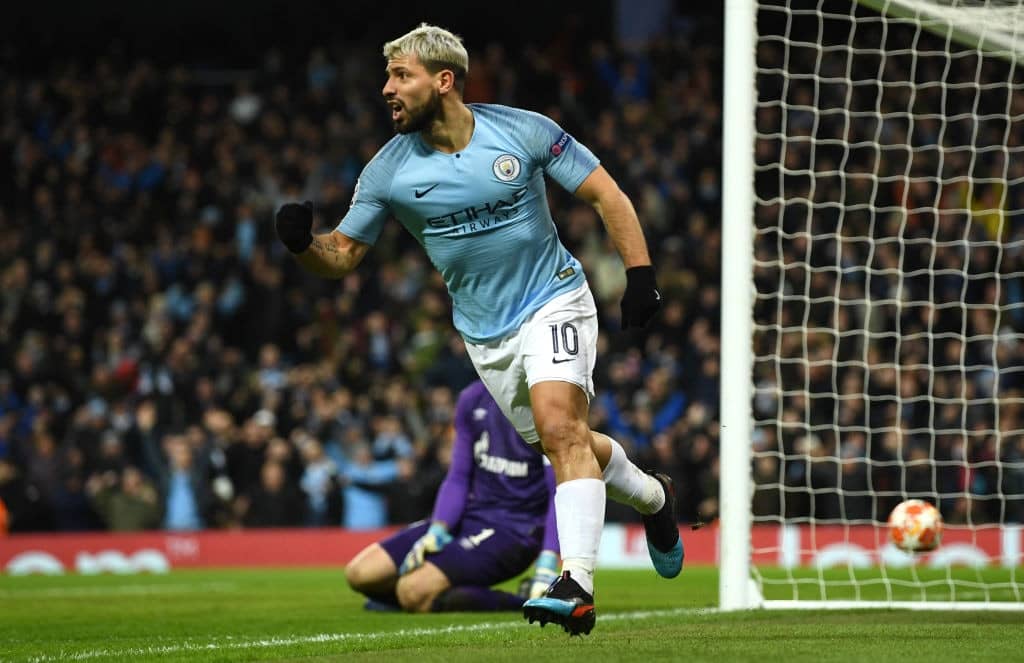 MANCHESTER, ENGLAND - MARCH 12: Manchester City player Sergio Aguero celebrates after scoring the second City goal during the UEFA Champions League Round of 16 Second Leg match between Manchester City v FC Schalke 04 at Etihad Stadium on March 12, 2019 in Manchester, England. (Photo by Stu Forster/Getty Images)