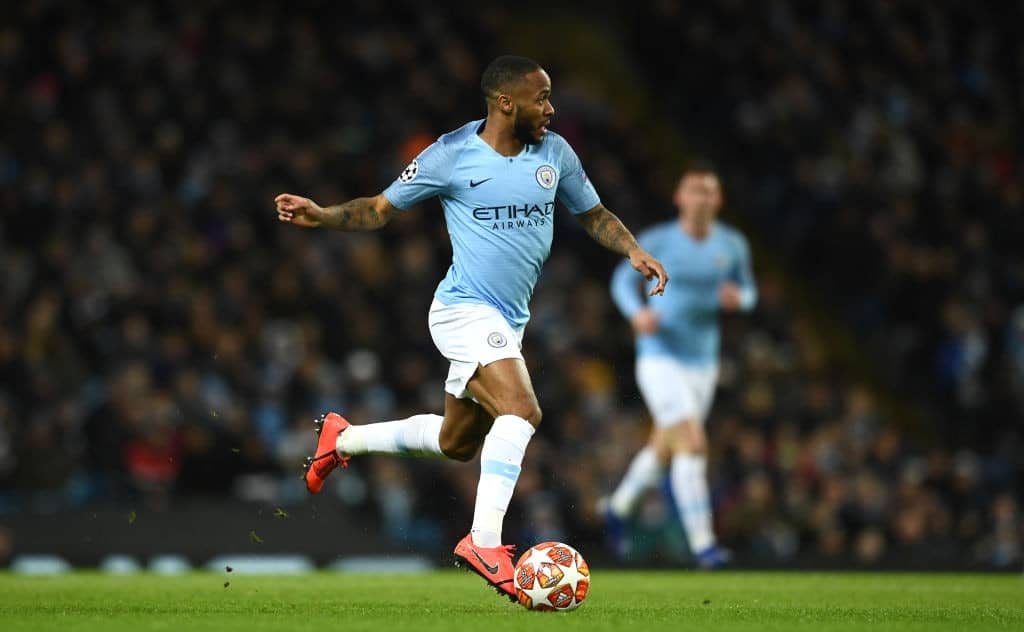 MANCHESTER, ENGLAND - MARCH 12: Manchester City player Raheem Sterling in action during the UEFA Champions League Round of 16 Second Leg match between Manchester City v FC Schalke 04 at Etihad Stadium on March 12, 2019 in Manchester, England. (Photo by Stu Forster/Getty Images)