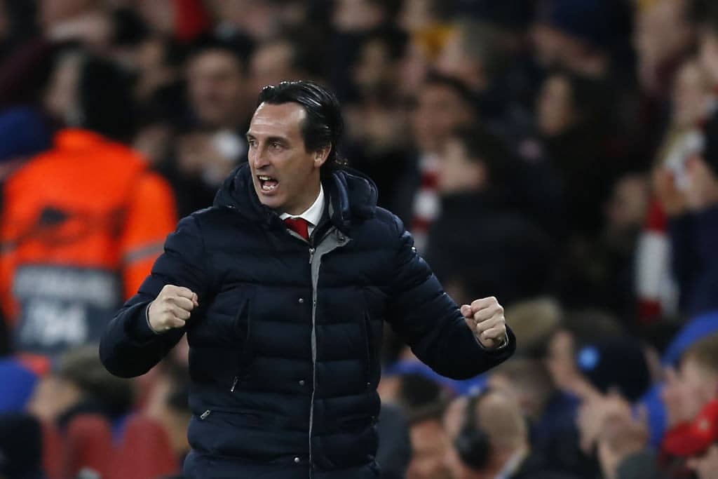 Arsenal's Spanish head coach Unai Emery gestures during the UEFA Europa League quarter final, first leg, football match between Arsenal and Napoli at the Emirates Stadium in London on April 11, 2019. (Photo by Ian KINGTON / IKIMAGES / AFP) (Photo credit should read IAN KINGTON/AFP/Getty Images)