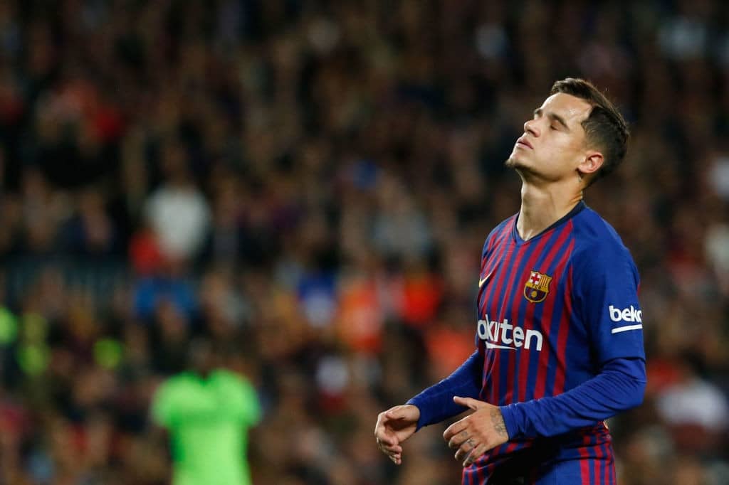 Barcelona's Brazilian midfielder Philippe Coutinho reacts to missing a goal opportunity during the Spanish League football match between FC Barcelona and Levante UD at the Camp Nou stadium in Barcelona on April 27, 2019. (Photo by PAU BARRENA / AFP) (Photo credit should read PAU BARRENA/AFP/Getty Images)
