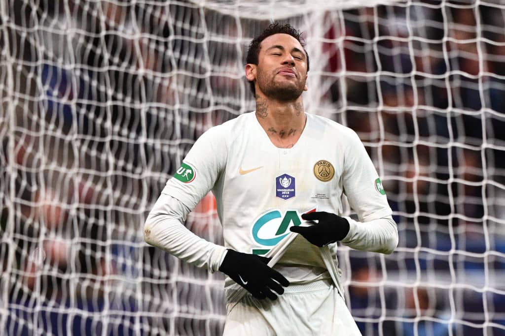 Paris Saint-Germain's Brazilian forward Neymar reacts after missing a goal opportunity during the French Cup final football match between Rennes (SRFC) and Paris Saint-Germain (PSG), on April 27, 2019 at the Stade de France in Saint-Denis, outside Paris. (Photo by Martin BUREAU / AFP) (Photo credit should read MARTIN BUREAU/AFP/Getty Images)