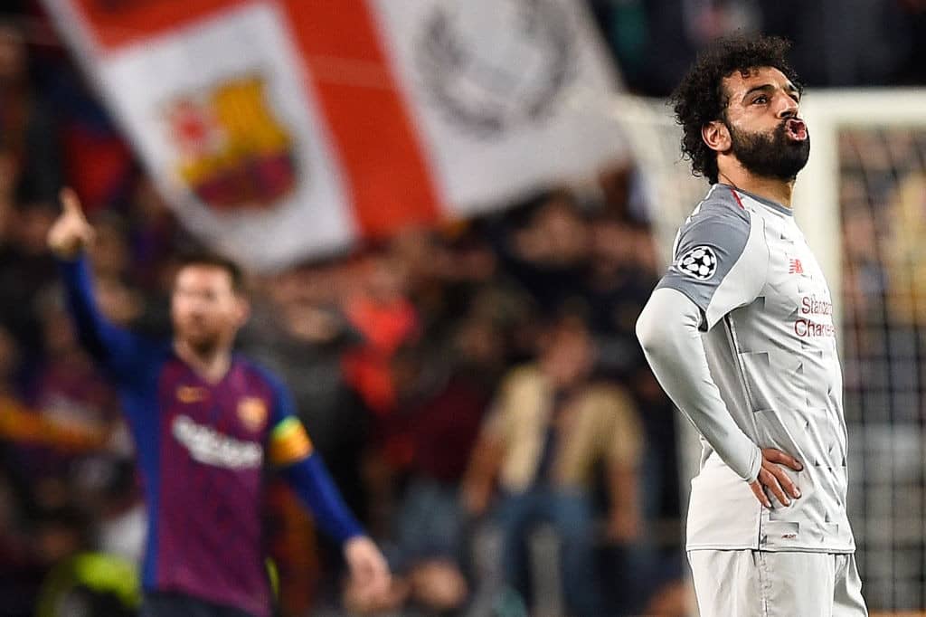 Liverpool's Egyptian forward Mohamed Salah reacts during the UEFA Champions League semi-final first leg football match between FC Barcelona and Liverpool at the Camp Nou stadium in Barcelona on May 1, 2019. (Photo by Josep LAGO / AFP) (Photo credit should read JOSEP LAGO/AFP/Getty Images)