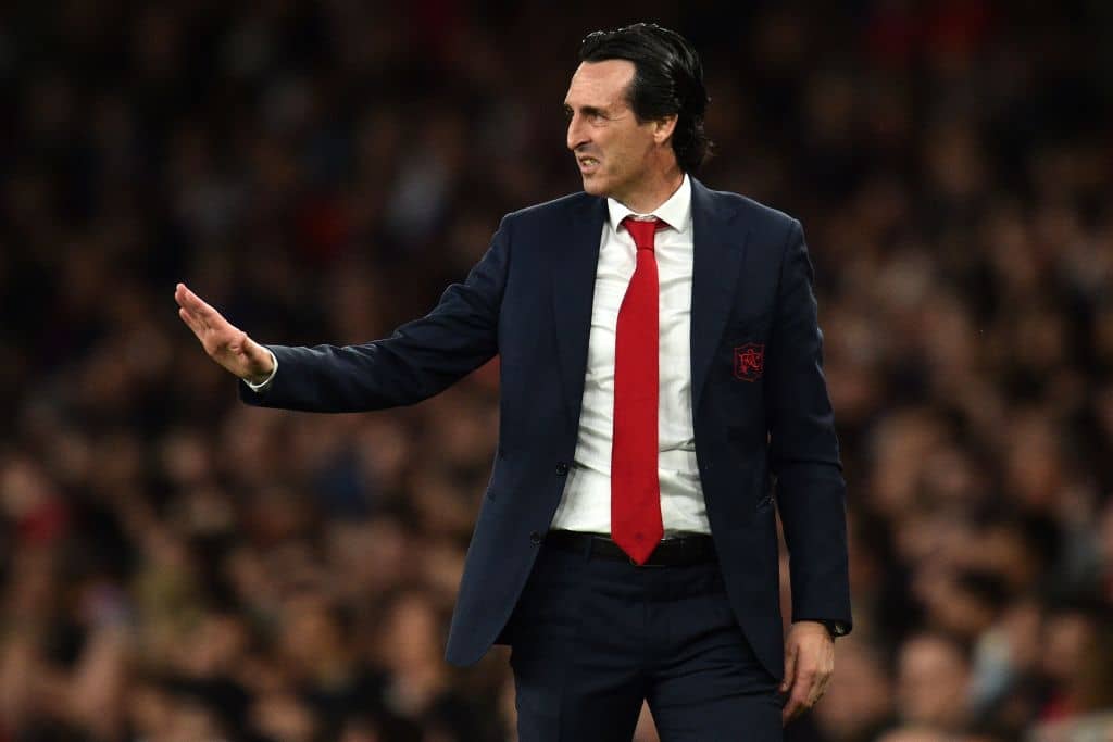 Arsenal's Spanish head coach Unai Emery gestures on the touchline during the UEFA Europa League semi final, first leg, football match between Arsenal and Valencia at the Emirates Stadium in London on May 2, 2019. (Photo by Glyn KIRK / AFP) (Photo credit should read GLYN KIRK/AFP/Getty Images)