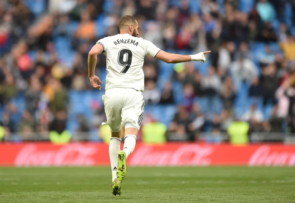MADRID, SPAIN - APRIL 06: Karim Benzema of Real Madrid CF reacts after scoring his team's second goal during the La Liga match between Real Madrid CF and SD Eibar at Estadio Santiago Bernabeu on April 06, 2019 in Madrid, Spain. (Photo by Denis Doyle/Getty Images)