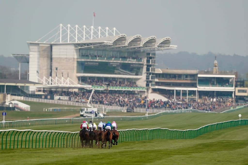 NEWMARKET, ENGLAND - APRIL 16: A general view as runners race down the track towards the grandstands at Newmarket Racecourse on April 16, 2019 in Newmarket, England. (Photo by Alan Crowhurst/Getty Images)