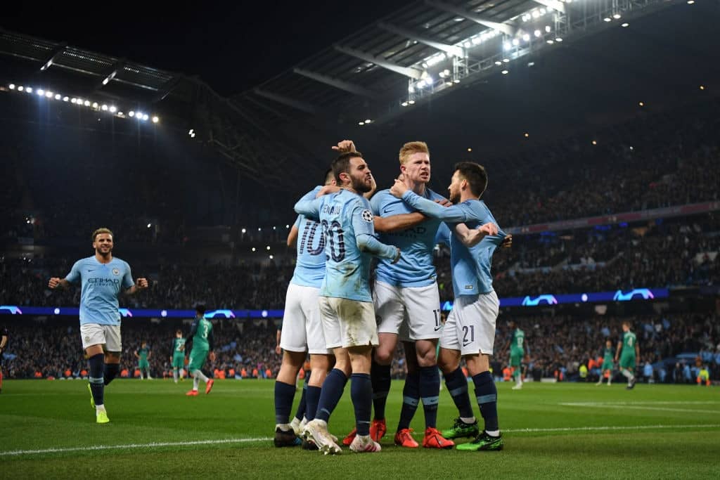 MANCHESTER, ENGLAND - APRIL 17: Kevin De Bruyne and Bernardo Silva of Manchester City celebrate with teammates after their team's fourth goal during the UEFA Champions League Quarter Final second leg match between Manchester City and Tottenham Hotspur at at Etihad Stadium on April 17, 2019 in Manchester, England. (Photo by Shaun Botterill/Getty Images)