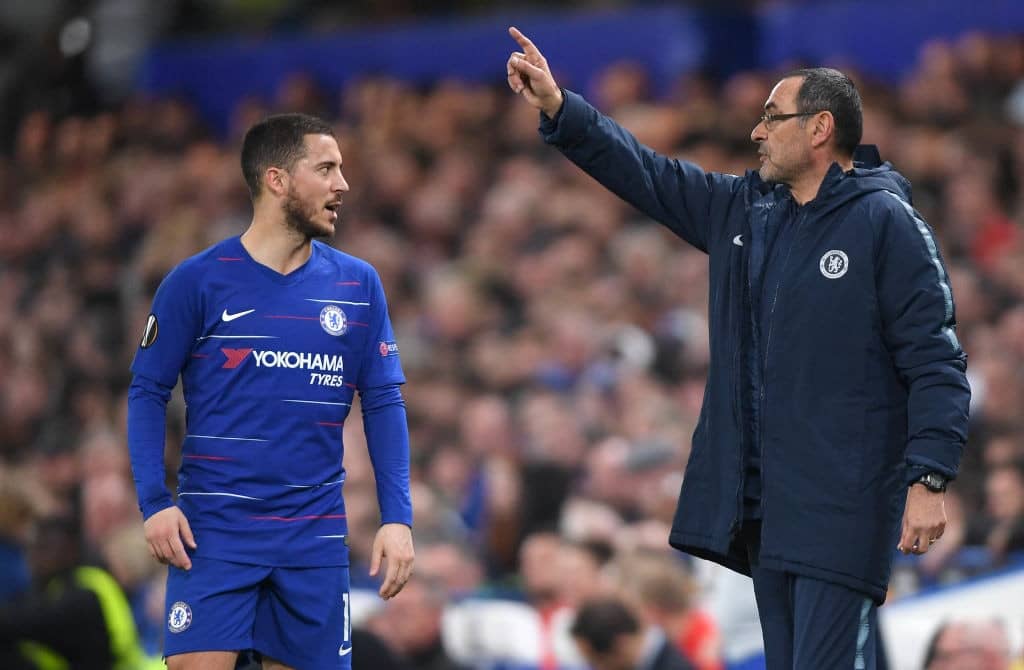 LONDON, ENGLAND - APRIL 18: Maurizio Sarri, Manager of Chelsea speaks with Eden Hazard of Chelsea during the UEFA Europa League Quarter Final Second Leg match between Chelsea and Slavia Praha at Stamford Bridge on April 18, 2019 in London, England. (Photo by Mike Hewitt/Getty Images)