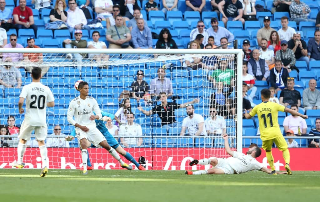 MADRID, SPAIN - MAY 05: Jaume Costa of Villereal scores his team's second goal during the La Liga match between Real Madrid CF and Villarreal CF at Estadio Santiago Bernabeu on May 05, 2019 in Madrid, Spain. (Photo by Angel Martinez/Getty Images)