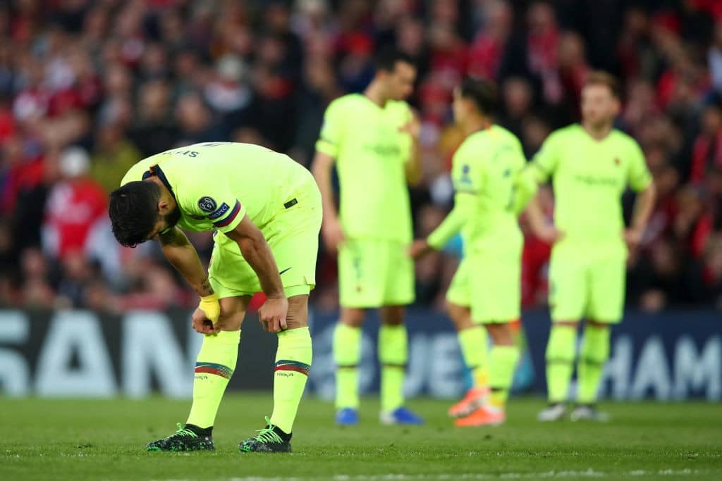 LIVERPOOL, ENGLAND - MAY 07: Luis Suarez of Barcelona reacts during the UEFA Champions League Semi Final second leg match between Liverpool and Barcelona at Anfield on May 07, 2019 in Liverpool, England. (Photo by Clive Brunskill/Getty Images)