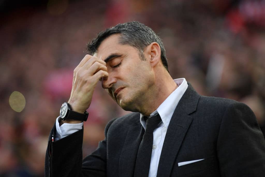 LIVERPOOL, ENGLAND - MAY 07: Ernesto Valverde, Manager of Barcelona reacts during the UEFA Champions League Semi Final second leg match between Liverpool and Barcelona at Anfield on May 07, 2019 in Liverpool, England. (Photo by Shaun Botterill/Getty Images)