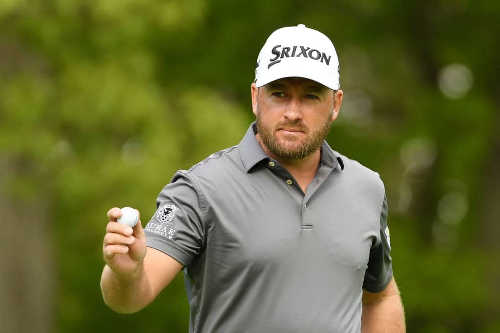 FARMINGDALE, NEW YORK - MAY 16: Graeme McDowell of Ireland ball wave on the third green during the first round of the 2019 PGA Championship at the Bethpage Black course on May 16, 2019 in Farmingdale, New York. (Photo by Ross Kinnaird/Getty Images)