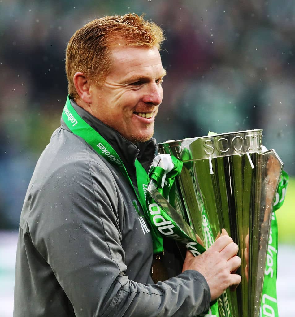 GLASGOW, SCOTLAND - MAY 19: Celtic manager Neil Lennon is seen with the trophy during the Scottish Premier league match between Celtic and Hearts at Celtic Park on May 19, 2019 in Glasgow, Scotland. (Photo by Ian MacNicol/Getty Images)