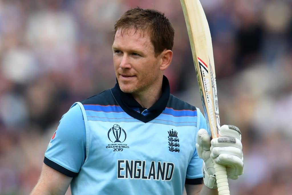 England's captain Eoin Morgan walks back to the pavilion after losing his wicket for 148 runs during the 2019 Cricket World Cup group stage match between England and Afghanistan at Old Trafford in Manchester, northwest England, on June 18, 2019. (Photo by Dibyangshu SARKAR / AFP) / RESTRICTED TO EDITORIAL USE (Photo credit should read DIBYANGSHU SARKAR/AFP/Getty Images)