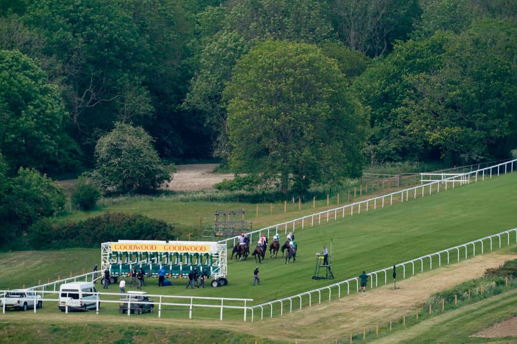 CHICHESTER, ENGLAND - MAY 23: A general view as runners leave the stalls in The British EBF Premier Fillies' Handicap at Goodwood on May 23, 2019 in Chichester, England. (Photo by Alan Crowhurst/Getty Images)