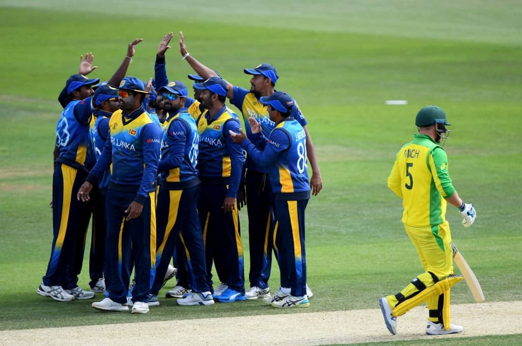 SOUTHAMPTON, ENGLAND - MAY 27: Sri Lanka celebrate the wicket of Aaron Finch of Australia during the ICC Cricket World Cup 2019 Warm Up match between Australia and Sri Lanka at The Hampshire Bowl on May 27, 2019 in Southampton, England. (Photo by Alex Davidson/Getty Images)