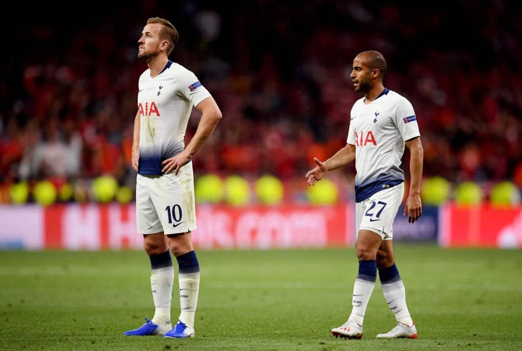 MADRID, SPAIN - JUNE 01: Harry Kane and Lucas Moura of Tottenham Hotspur stand dejected following the UEFA Champions League Final between Tottenham Hotspur and Liverpool at Estadio Wanda Metropolitano on June 01, 2019 in Madrid, Spain. (Photo by Matthias Hangst/Getty Images)