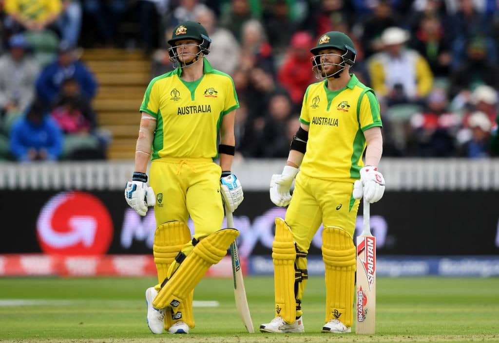 TAUNTON, ENGLAND - JUNE 12: Steve Smith (l) and David Warner (r) of Australia look on during the Group Stage match of the ICC Cricket World Cup 2019 between Australia and Pakistan at The County Ground on June 12, 2019 in Taunton, England. (Photo by Alex Davidson/Getty Images)
