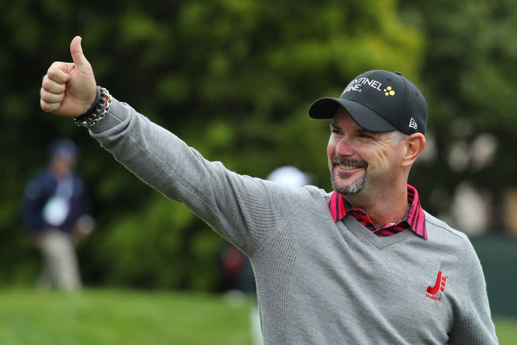 PEBBLE BEACH, CALIFORNIA - JUNE 13: Rory Sabbatini of Slovakia waves to the crowd after making a hole-in-one on the 12th hole during the first round of the 2019 U.S. Open at Pebble Beach Golf Links on June 13, 2019 in Pebble Beach, California. (Photo by Warren Little/Getty Images)