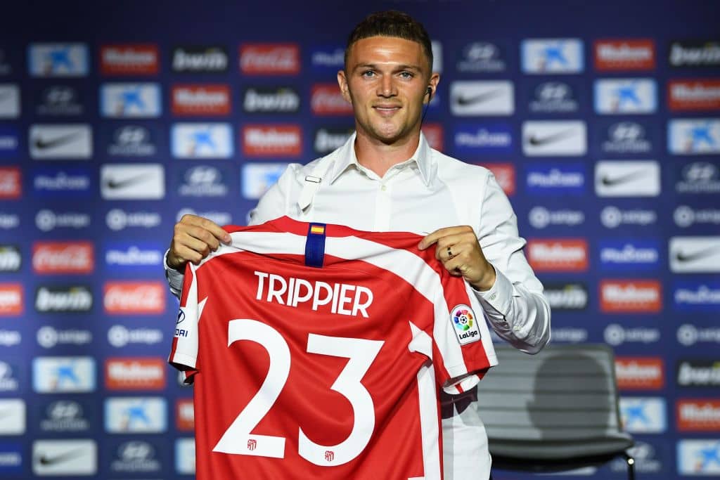 Atletico Madrid's new English defender Kieran Trippier holds his new jersey during his official presentation by the Spanish football club at the Wanda Metropolitano stadium in Madrid on July 18, 2019. (Photo by GABRIEL BOUYS / AFP) (Photo credit should read GABRIEL BOUYS/AFP/Getty Images) Transfer Window La Liga