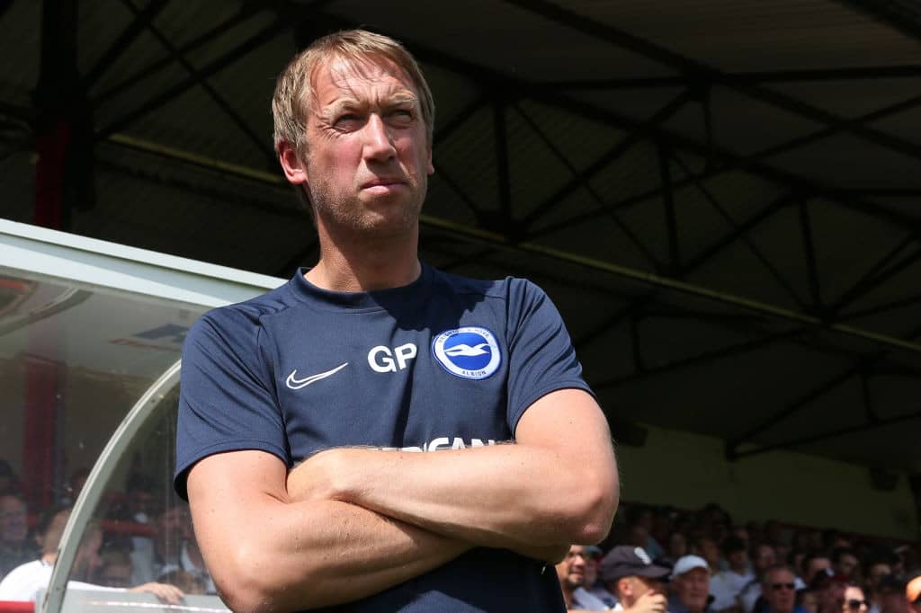 ALDERSHOT, ENGLAND - JULY 20: Graham Potter manager of Brighton and Hove Albion during the Pre-Season Friendly match between Brighton and Hove Albion and Fulham at EBB Stadium on July 20, 2019 in Aldershot, England. (Photo by Marc Atkins/Getty Images)