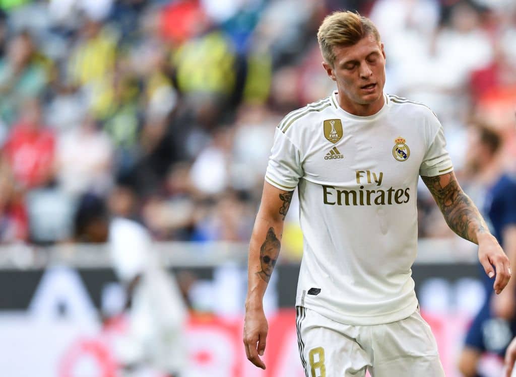 Real Madrid's German midfielder Toni Kroos reacts during the Audi Cup football match between Real Madrid and Tottenham Hotspur in Munich, on July 30, 2019. (Photo by Christof STACHE / AFP) (Photo credit should read CHRISTOF STACHE/AFP/Getty Images)