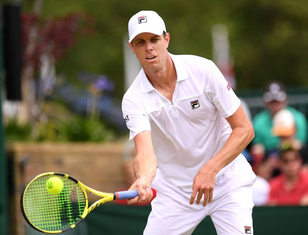LONDON, ENGLAND - JULY 06: Sam Querrey of The United States plays a forehand in his Men's Singles third round match against John Millman of Australia during Day six of The Championships - Wimbledon 2019 at All England Lawn Tennis and Croquet Club on July 06, 2019 in London, England. (Photo by Matthias Hangst/Getty Images)