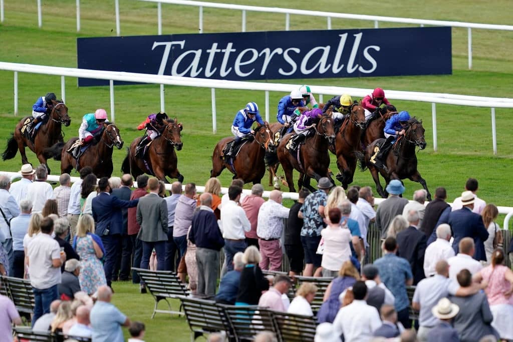 NEWMARKET, ENGLAND - JULY 12: Jim Crowley riding Al Madhar (C, blue/white) wins The Weatherbys British EBF Maiden Stakes from Al Suhail (R) at Newmarket Racecourse on July 12, 2019 in Newmarket, England. (Photo by Alan Crowhurst/Getty Images)