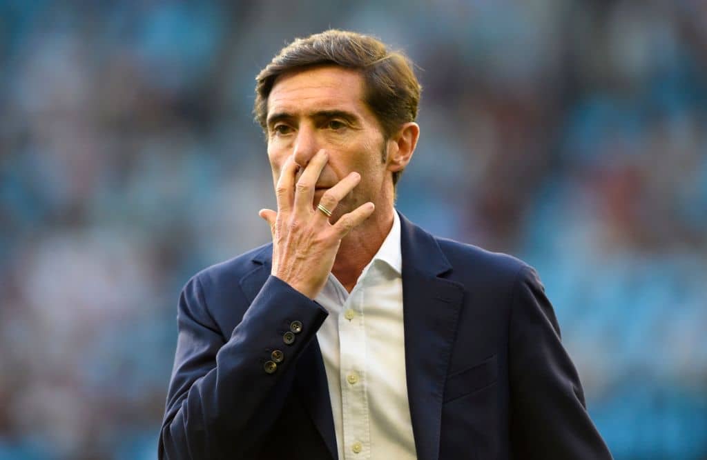 Valencia's Spanish coach Marcelino Garcia Toral gestures during the Spanish League football match between Celta Vigo and Valencia at the Balaidos stadium in Madrid on August 24, 2019. (Photo by MIGUEL RIOPA / AFP) (Photo credit should read MIGUEL RIOPA/AFP/Getty Images)