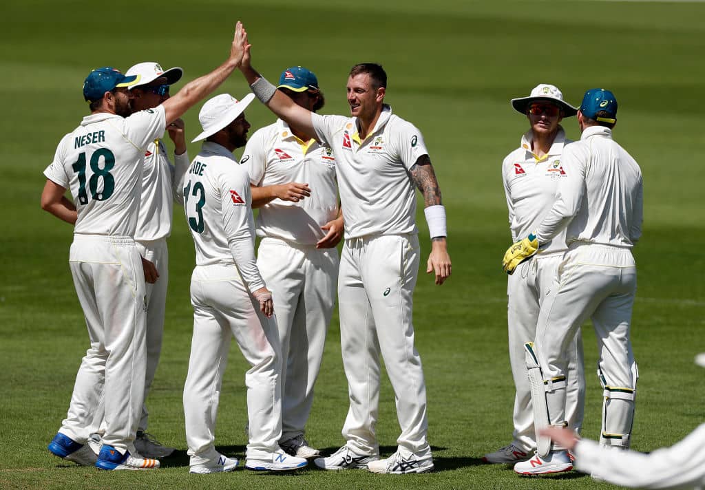 SOUTHAMPTON, ENGLAND - JULY 24: James Pattinson of Graeme Hick XII celebrates after taking the wicket of Marnus Labuschagne of Brad Haddin XII during day two of the Australian Cricket Team Ashes Tour match between Brad Haddin XII and Graeme Hick XII at The Ageas Bowl on July 24, 2019 in Southampton, England. (Photo by Ryan Pierse/Getty Images)