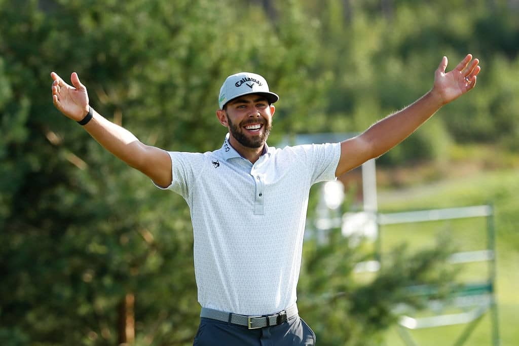 MOLNDAL, SWEDEN - AUGUST 25: Erik Van Rooyen of South Africa celebrates victory on the 18th green during the final round of the Scandinavian Invitation at Hills Golf & Sports Club on August 25, 2019 in Molndal, Sweden. (Photo by Luke Walker/Getty Images)