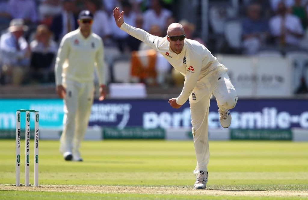LONDON, ENGLAND - JULY 24: Jack Leach of England bowls during day one of the Specsavers Test Match between England and Ireland at Lord's Cricket Ground on July 24, 2019 in London, England. (Photo by Julian Finney/Getty Images)