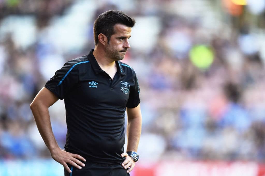 WIGAN, ENGLAND - JULY 24: Marco Silva manager of Everton looks on during the Pre-Season Friendly match between Wigan Athletic and Everton at DW Stadium on July 24, 2019 in Wigan, England. (Photo by Nathan Stirk/Getty Images)