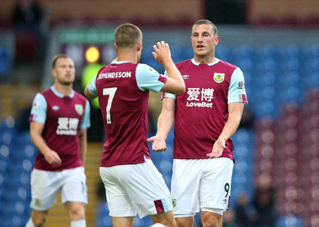 BURNLEY, ENGLAND - JULY 30: Chris Wood of Burnley celebrates after scoring the opening goal during a pre-season friendly match between Burnley and Nice at Turf Moor on July 30, 2019 in Burnley, England. (Photo by Alex Livesey/Getty Images)