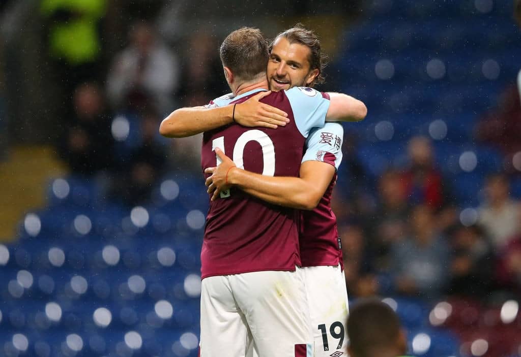 BURNLEY, ENGLAND - JULY 30: Jay Rodriguez of Burnley celebrates with Ashley Barnes after scoring the sixth goal during a pre-season friendly match between Burnley and Nice at Turf Moor on July 30, 2019 in Burnley, England. (Photo by Alex Livesey/Getty Images)