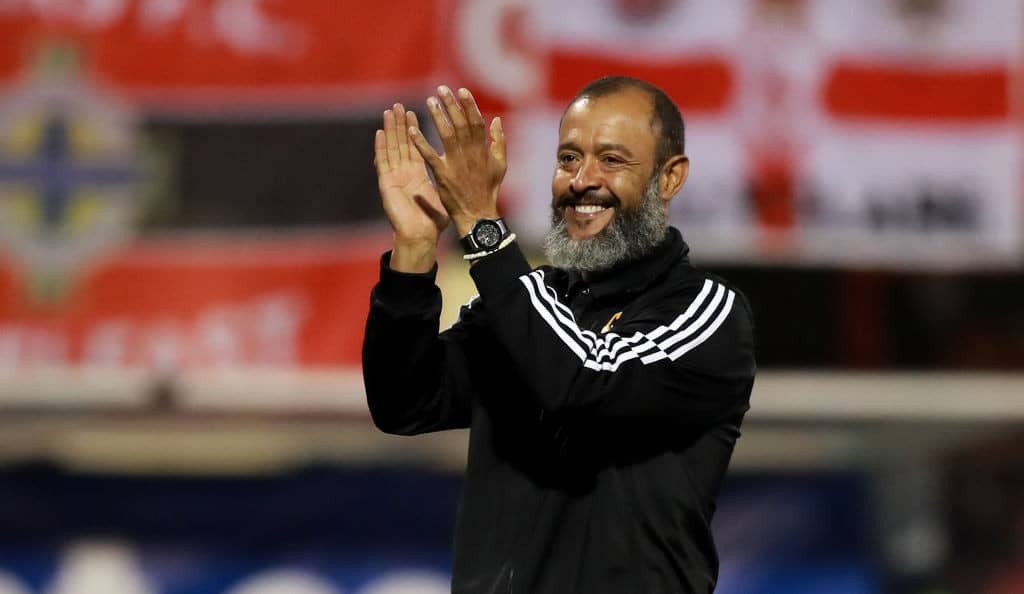 BELFAST, NORTHERN IRELAND - AUGUST 01: Nuno Espirito Santo, the Wolverhampton Wanderers manager celebrates their victory during the UEFA Europa League Second Qualifying round 2nd Leg match between Crusaders and Wolverhampton Wanderers at Seaview Stadium on August 01, 2019 in Belfast, Northern Ireland. (Photo by David Rogers/Getty Images)